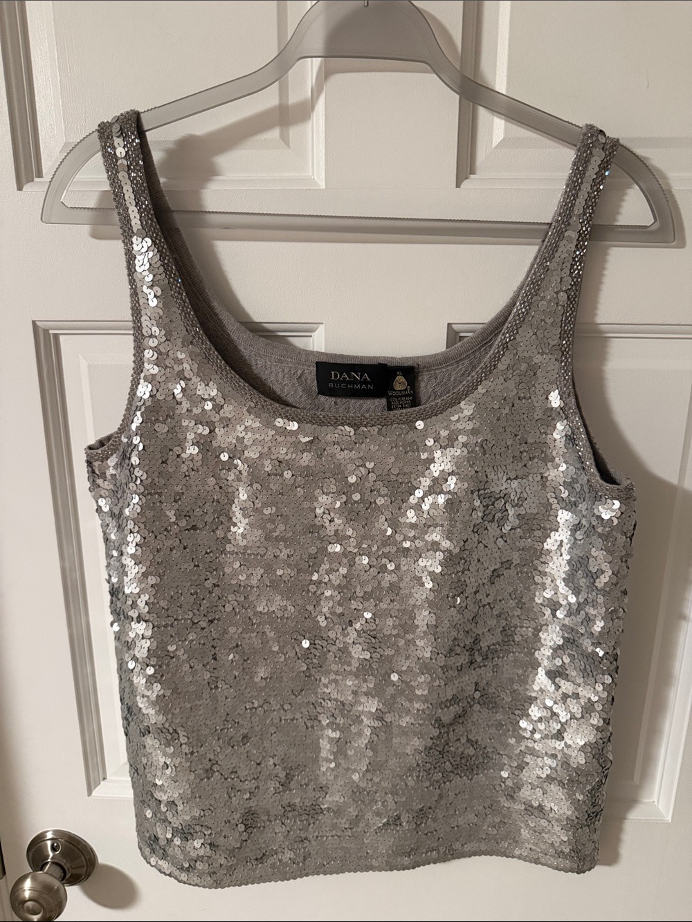 Dana Buchman 100% Wool Silver Sequin Sweater Tank Top Scoop Neck Party Glam XL